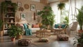 Boho Chic Living Room with Indoor Plants adobestock.com California USA Royalty Free Stock Photo